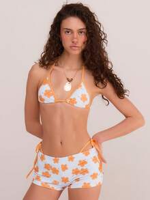 Athîral Summer New Beach Vacation Floral Plaid Print Tie-Neck 3 Pieces Women Bikini Set,Cute Girl Beach Travel Romantic Vacation ,Women Bikini Swimwear Set - Blue - View 2