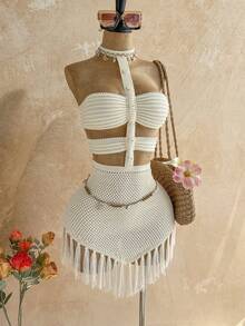 Soleia Women's Vacation Knit Textured Fringe Shell Strap Mini Dress, Sexy Party Date Beach Holiday Summer Outfit, Suitable For Holiday Date, Afternoon Tea, Wedding Season, Beach Cruise Vacation, City Road Trip Vacation, Boho Vacation, Music Festival - Beige - View 5