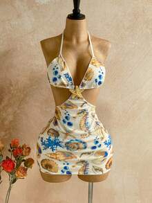 Soleia Rochie mini nouă pentru femei, de vară, cu imprimeu floral și mărgele, cu imprimeu floral, potrivită pentru întâlniri, stil boem, boho, vacanță, toamnă, vintage, sărbătoare - Multicolor - Vizualizare 5