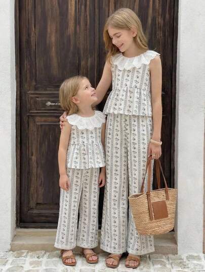 SHEIN 2pcs Tween Girls Floral Pattern Ruffle Trim Casual Top And Pants Suit, Summer