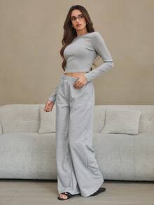 Doze Lane 女士纯色长袖T恤和裤子睡衣套装 - 淺灰色 - 查看 1