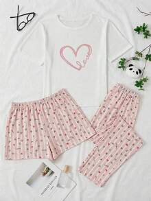 EURMUSE Damen Baumwolle 3-teiliges Homewear Pyjama Set mit Herz-Muster Kurzarmshirt, gestreifter LOVE Muster Shorts und Hose - Verschiedenfarbig - Übersicht 5