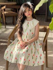 SHEIN Vestido con estampado floral todo sobre y cuello llamativo para niña preadolescente - Albaricoque - Ver 1