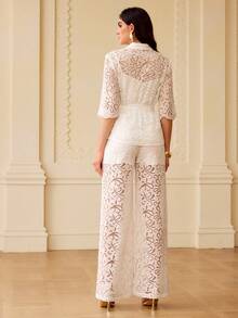 ZEYLAH Conjunto de camisa transparente con botones delanteros y pantalones para mujer, de verano - Blanco - Ver 3