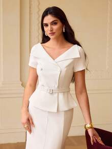 ZEYLAH Women's Elegant Decorative Waist Belt Regular Jacket - Beige - View 6