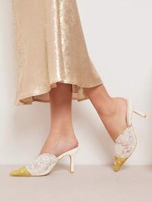 SHUZIA Women 's Romantic Chic Sexy Party Pointy Toe Lace Stiletto Mules - Apricot - View 2