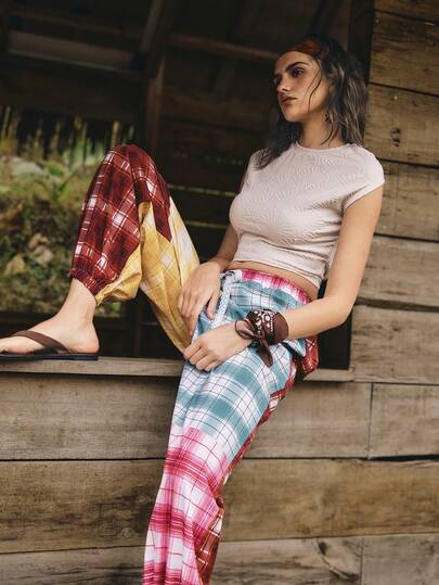 Medorelle 女士秋季格子数码印花抽绳宽松休闲运动户外度假裤