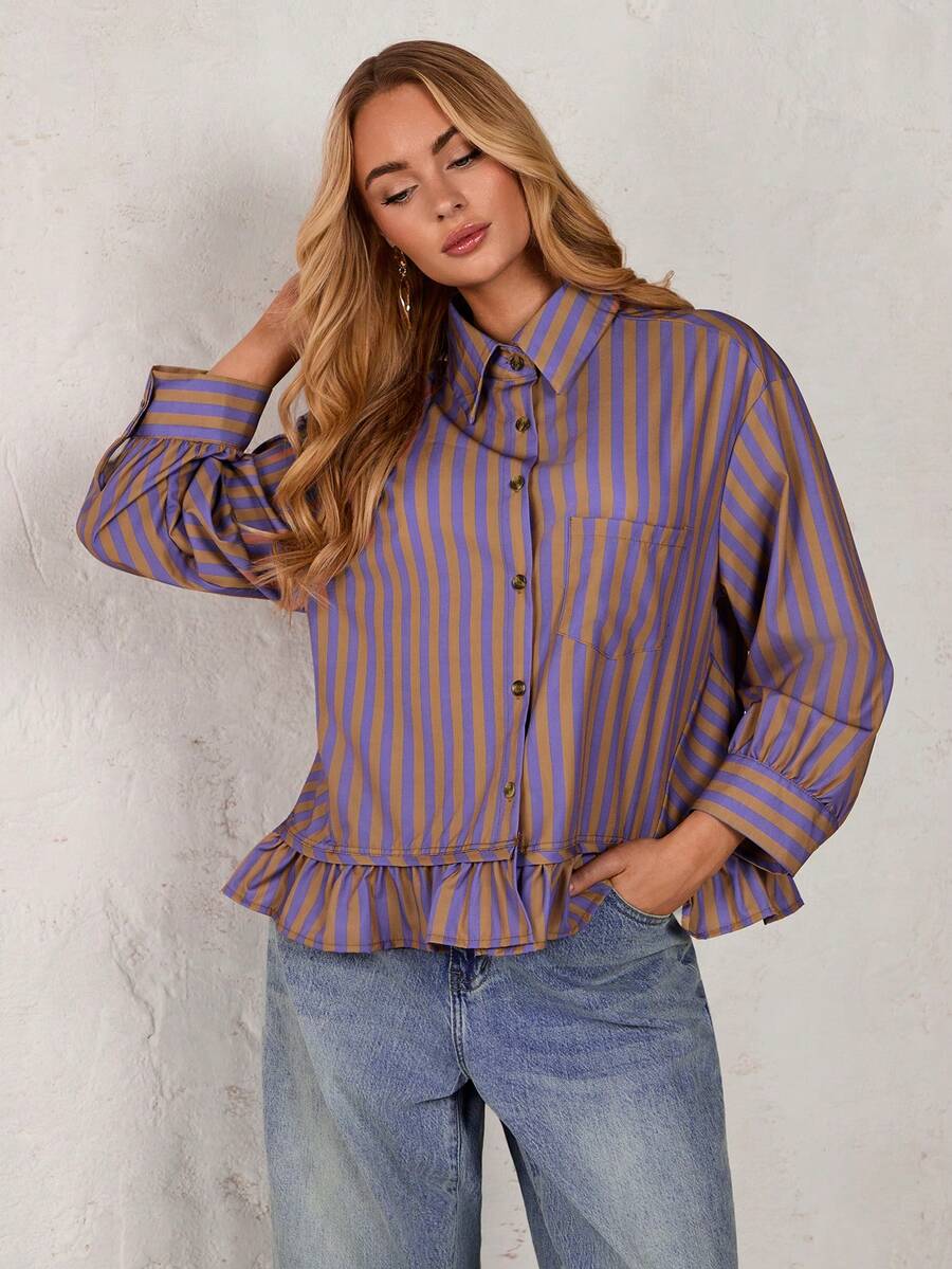 Glamine Casual Commuter Striped Ruffle Front Button Up Blouse - Multicolor - View 1