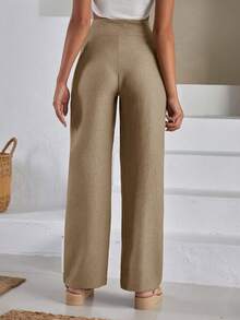 EURMUSE Women Front Two Sided Button Detailed Linen Pants - Beige - View 2
