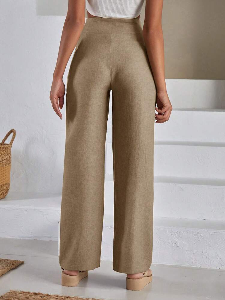 EURMUSE Women Front Two Sided Button Detailed Linen Pants - Beige - View 2