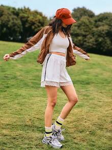 Medorelle 黑白撞色蕾丝边宽松短裤 - 白色 - 查看 6