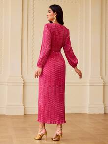 ZEYLAH 女士波点印花灯笼袖圆领优雅连衣裙 - 玫紅色 - 查看 4