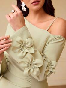 ZEYLAH Romantic Asymmetrical Shoulder Midi Dress For Women - Green - View 1
