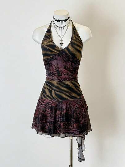 Jeanoix Vestido mini ajustado con cuello halter sin mangas, con estampado floral de tigre, en estilo retro Y2K, sexy, atrevido, vanguardista, grunge, para festivales de música, vacaciones, citas, reuniones callejeras, primavera/verano/otoño