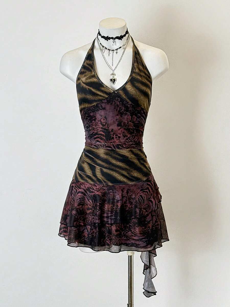 Jeanoix Retro Y2K Sexy Daring Avant-Garde Grunge Teenage Music Festival Casual Vacation Date Street Gathering Tiger Floral Print Halter Sleeveless Bodycon Ruched Mini Dress, Spring/Summer/Autumn - Multicolor - View 1