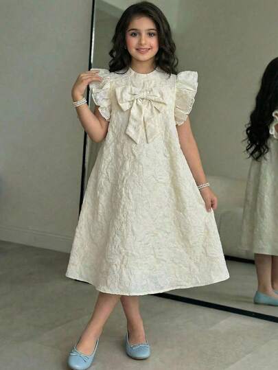 SHEIN Tween Girls' Fashion Round Neck Short Sleeve Bow Tie Dress Kids Jacquard Dresses Ivory Kids Dress White Modest Dress For Tweens