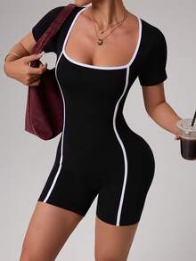 SHEIN Dewbera 撞色滚边修身运动连体衣 - 黑色 - 查看 1