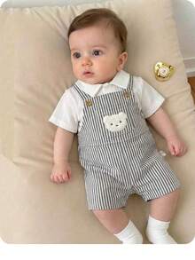 Newborn Baby Boy Casual Cute Cartoon Pattern Striped Bib Romper - Multicolor - View 5