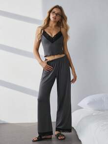 HautHeat Women's Summer Contrast Lace Camisole And Pants Pajama Set - Dark Grey - View 4