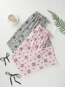 SHEIN Women Cotton 2 Pcs Fake Drawstring With Striped Cute Panda Patterned Multıcolour Long Casual Comfort Homewear Sleep Bottoms Set - Multicolor - View 3
