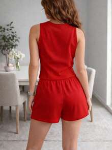 Conjunto 2 Piezas Casual para Dama. Short y Chaleco con Botones Frontales.  Primavera - Verano - Rojo - Ver 2