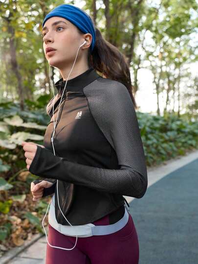 SHEIN In My Nature Women's Outdoor Sports Mesh Patchwork Printed Thumb Hole Long Sleeve Reflective Slim Fit Black Jacket