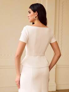 ZEYLAH Women's Elegant Decorative Waist Belt Regular Jacket - Beige - View 2