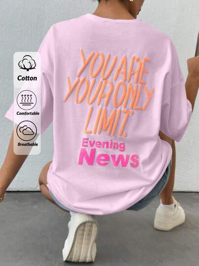 EURMUSE 100%Cotton Slogan Printed Oversize T-Shirt