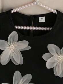 Girls' Elegant Black & White Sleeveless Dress,3D Floral Decor Round Neck Pleated Skirt,Summer Cute Modest Wedding Princess Style For Daily Wear - Black and White - View 4