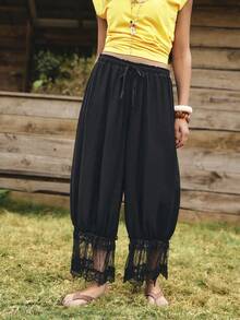 SHEIN Unity 女士纯色弹力腰抽绳蕾丝边裤，宽松休闲户外哈伦七分裤，春夏款 - 黑色 - 查看 5