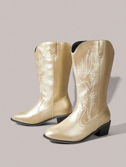 Styleloop Women's Red Western Embroidered Pull-On Ankle Boots, Leather Motorcycle Knee-High Boots, Chunky Heel Mid-Calf Boots