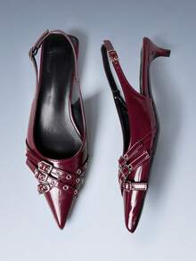 CUCCOO GRLICON Burgundy Patent Leather Pointed Multi-Buckle Strap Design Empty Kitten And Women's High Heels - Burgundy - View 5