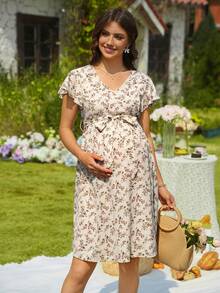 SHEIN Elegant Solid Color Apricot Floral Ruffle Hem Nursing Maternity Dress, - Multicolor - View 5
