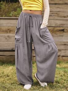 SHEIN Unity Damen Hose mit elastischem Bund, Kordelzug, weitem Bein und großen Taschen, ideal für Frühling und Herbst - Grau - Übersicht 5