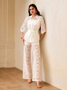 ZEYLAH Conjunto de camisa transparente con botones delanteros y pantalones para mujer, de verano - Blanco - Ver 6