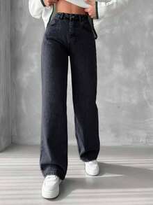 EURMUSE 100%Cotton High Waist Straight Leg Jeans - Dark Grey - View 3