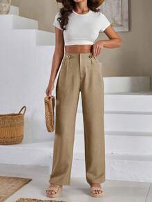 EURMUSE Women Front Two Sided Button Detailed Linen Pants - Beige - View 5