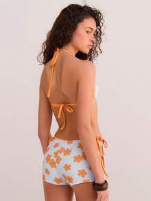 Athîral Summer New Beach Vacation Floral Plaid Print Tie-Neck 3 Pieces Women Bikini Set,Cute Girl Beach Travel Romantic Vacation ,Women Bikini Swimwear Set - Blue - View 4