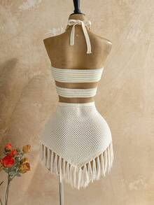 Soleia Women's Vacation Knit Textured Fringe Shell Strap Mini Dress, Sexy Party Date Beach Holiday Summer Outfit, Suitable For Holiday Date, Afternoon Tea, Wedding Season, Beach Cruise Vacation, City Road Trip Vacation, Boho Vacation, Music Festival - Beige - View 2