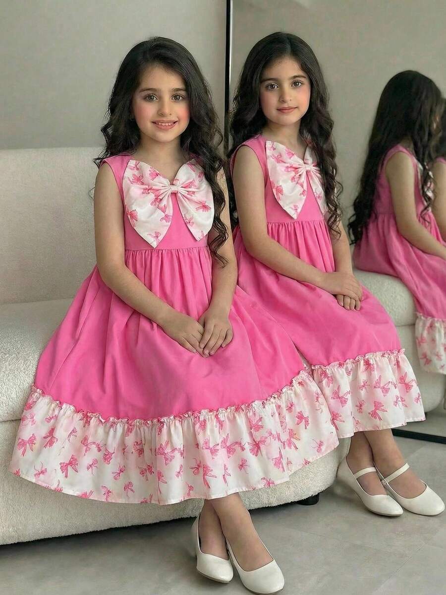 SHEIN DRMZ Tween Girls' Big Bowknot Patchwork Print Vacation Dress,Kids - Pink - View 1