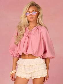 Athîral Women's Fashion Multi-Layered Ruffled Lace Shorts, Ruffled Shorts, Culottes, White Ruffled Shorts, Valentine's Day Style - Pink - View 4