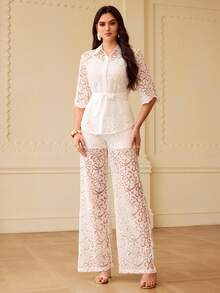 ZEYLAH Conjunto de camisa transparente con botones delanteros y pantalones para mujer, de verano - Blanco - Ver 2