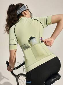 Exploreva Maillot de ciclismo para mujer con parches, malla transpirable y contraste de colores para deportes al aire libre - Verde - Ver 3