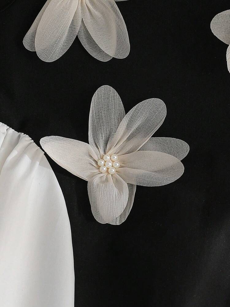 女童优雅黑白无袖连衣裙，饰有3D立体花朵，圆领，百褶裙摆，适合日常穿着和正式场合，公主风 - 黑與白 - 查看 6