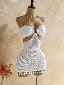 Soleia 女士休闲、度假、西部风、海滩婚礼宾客、毕业典礼、早午餐、圣帕特里克节、春假、复活节、音乐节优雅波西米亚热带流苏亮片毛衣迷你连衣裙 - 米色 - 查看 6