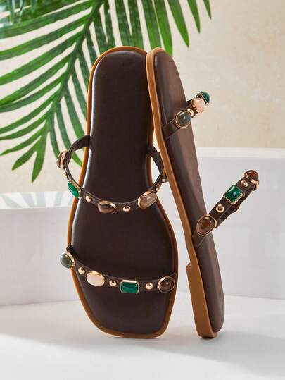 Solezae #VacationGlam Women's Square Toe Multi-Gem Decor Vegan Leather Chocolate Double Strap Slide Sandals – Artistic, Colorful & Resort-Ready.