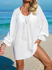 Swim Vcay Women's White Pearl V-Neck Casual Vacation Beach Cover-Up Dress - White - View 4