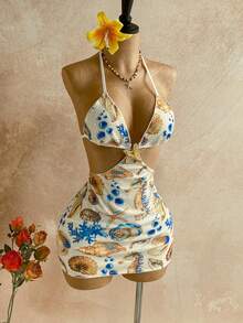 Soleia Rochie mini nouă pentru femei, de vară, cu imprimeu floral și mărgele, cu imprimeu floral, potrivită pentru întâlniri, stil boem, boho, vacanță, toamnă, vintage, sărbătoare - Multicolor - Vizualizare 7