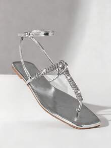SHUZIA Women's Minimalist Elegant Lace-Up Strappy Flat Thong Sandals - Silver - View 6