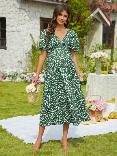 SHEIN Women's V-Neck Twist Front Ditsy Floral Casual Maternity Dress, Summer Vacation, Beach